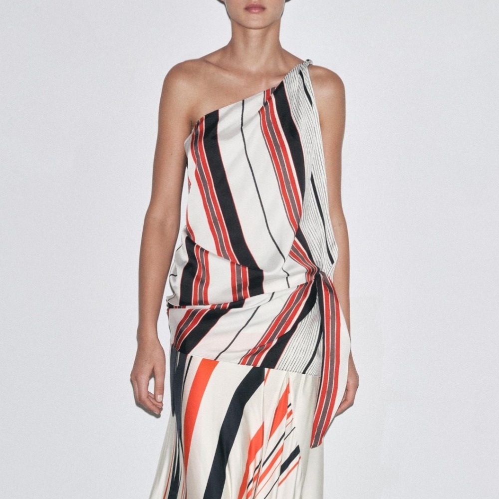 ZARA ASYMMETRIC STRIPED TOP. ZW COLLECTION (One-Shoulder Red, Black & White)